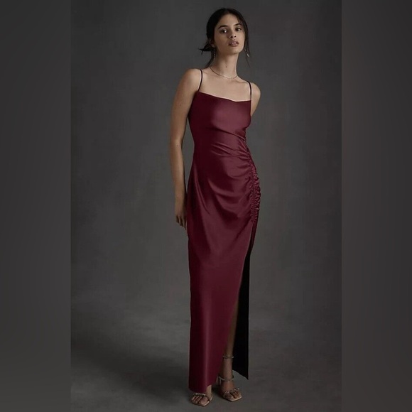BHLDN Jennings Ruched Side Slit Satin Charmeuse Dress NEW Size 6 Dark Berry - Picture 14 of 14